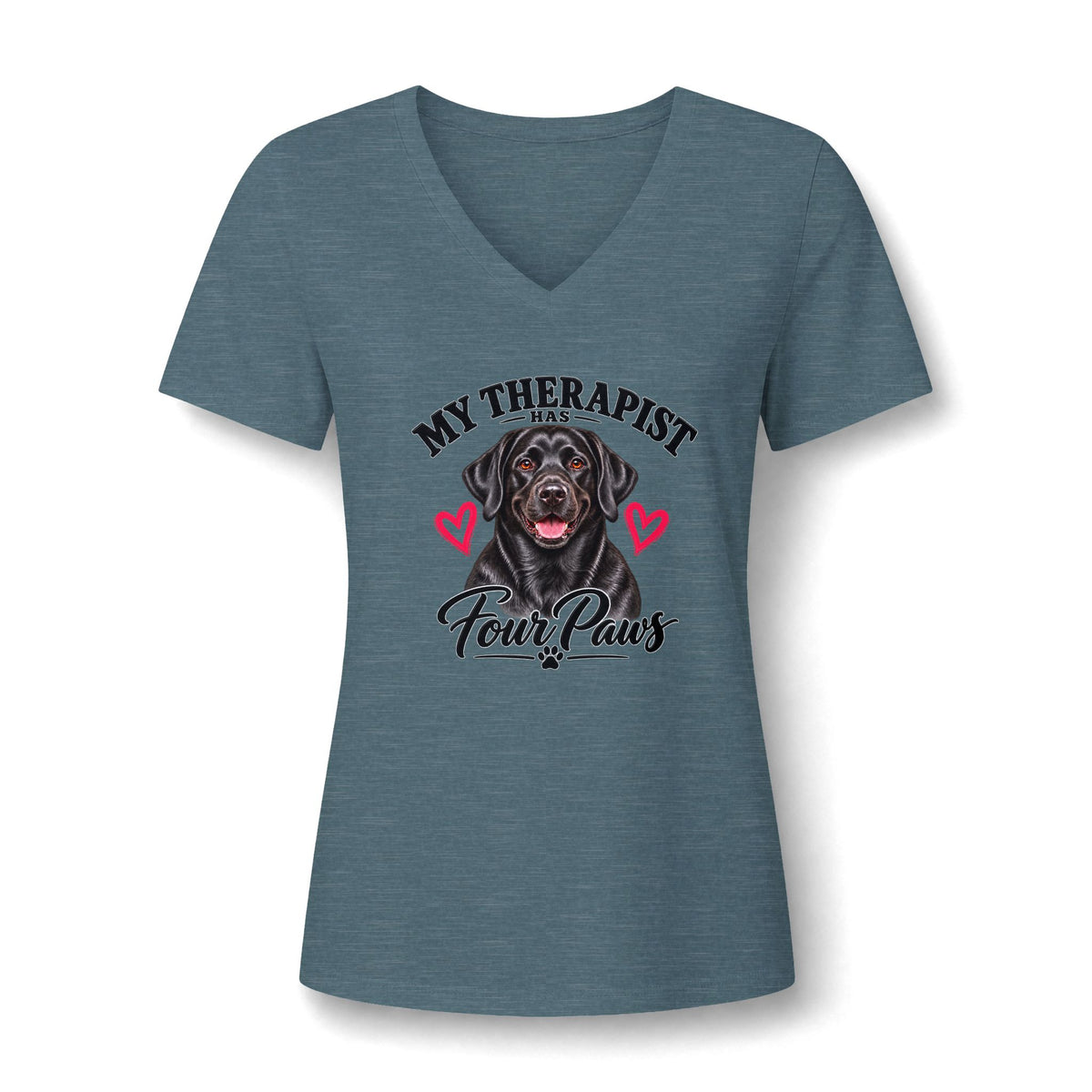 T-Shirt — "My Therapist Has Four Paws" Black Lab Dog V-Neck Tee