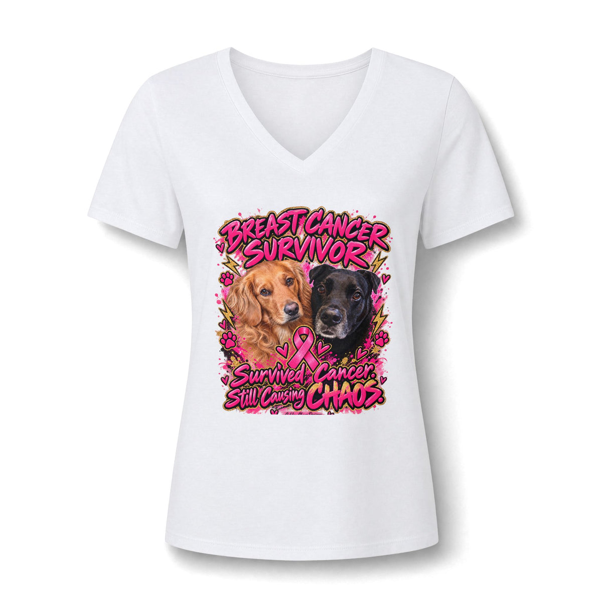 Breast Cancer Survivor Dogs V-Neck Tee | Pink Ribbon, Golden & Black Labrador