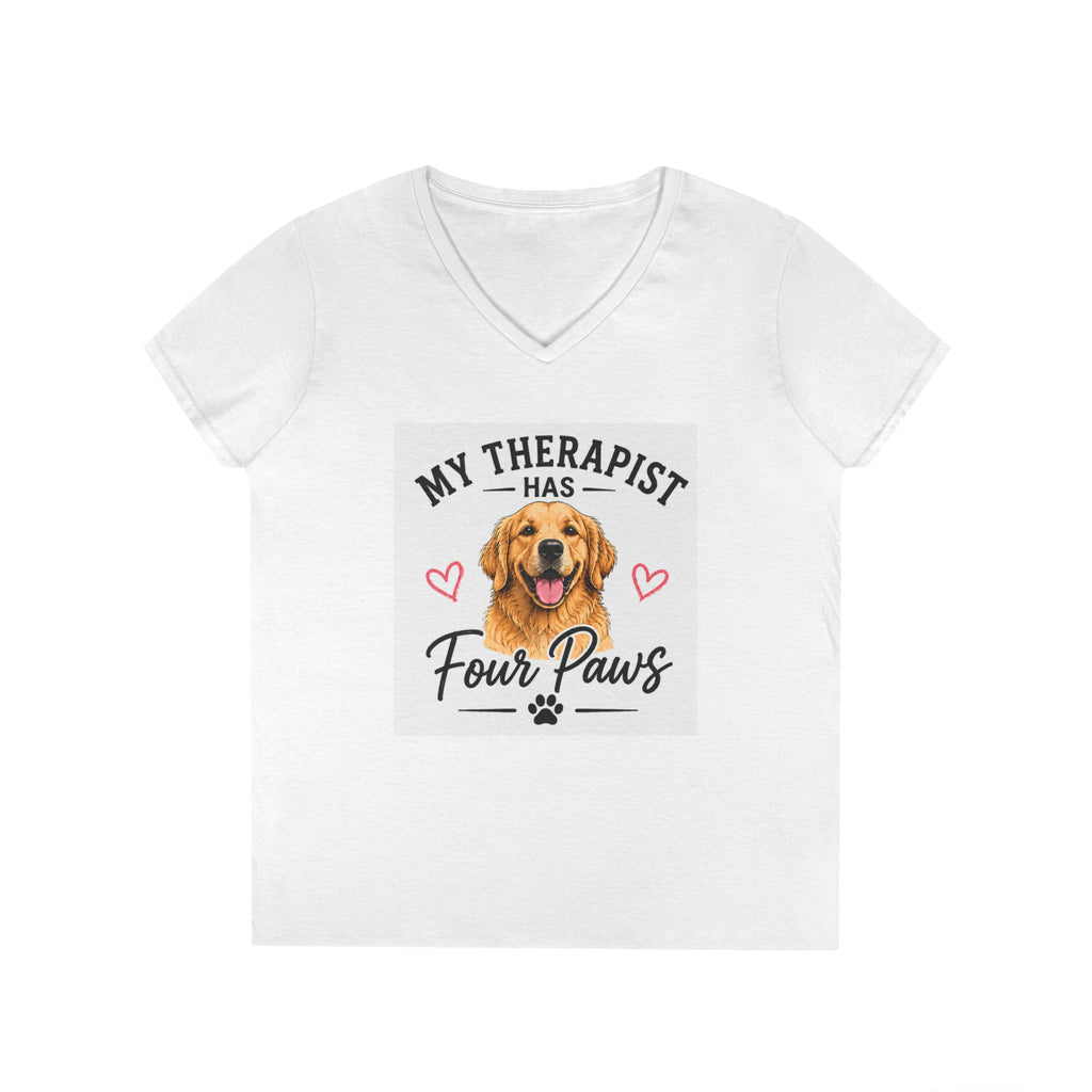 My Therapist Has Four Paws V-Neck Tee — Dog Lover Women’s Shirt