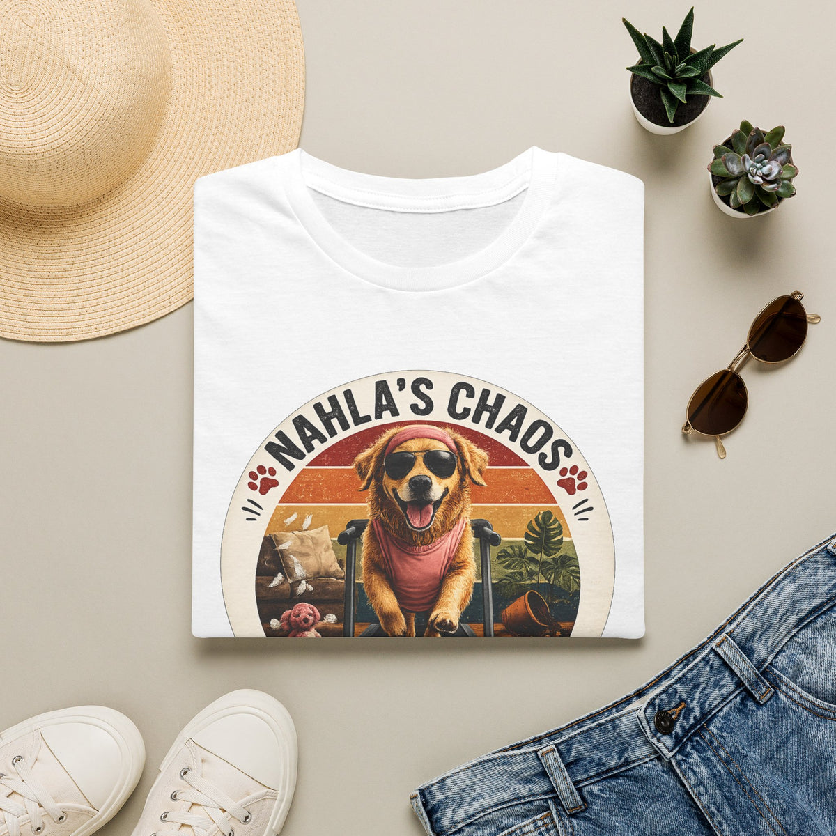 Nahla's Chaos Dog Design T-Shirt | Retro Sunset Paw Print