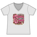 Women's V-Neck Tee — "When the World Needs a Smile Share a Little Sparkle" Pink Cowboy Boots Graphic