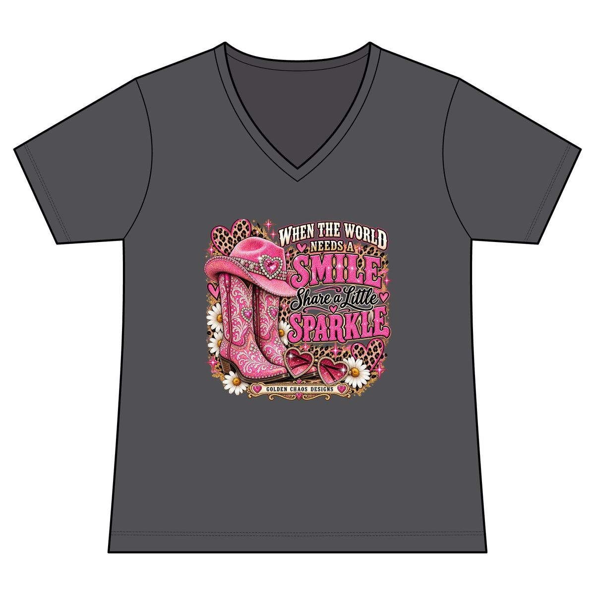 Women's V-Neck Tee — "When the World Needs a Smile Share a Little Sparkle" Pink Cowboy Boots Graphic
