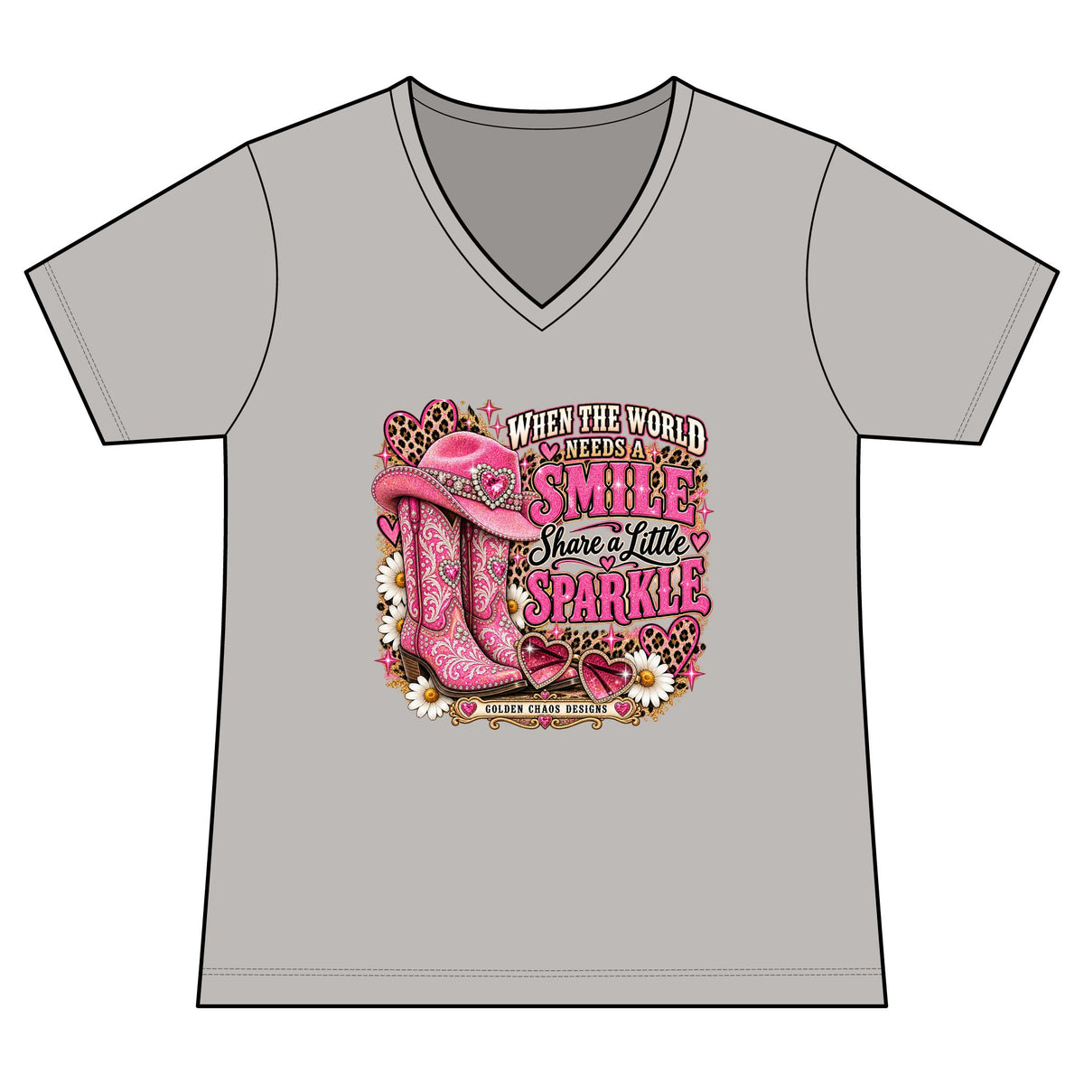 Women's V-Neck Tee — "When the World Needs a Smile Share a Little Sparkle" Pink Cowboy Boots Graphic