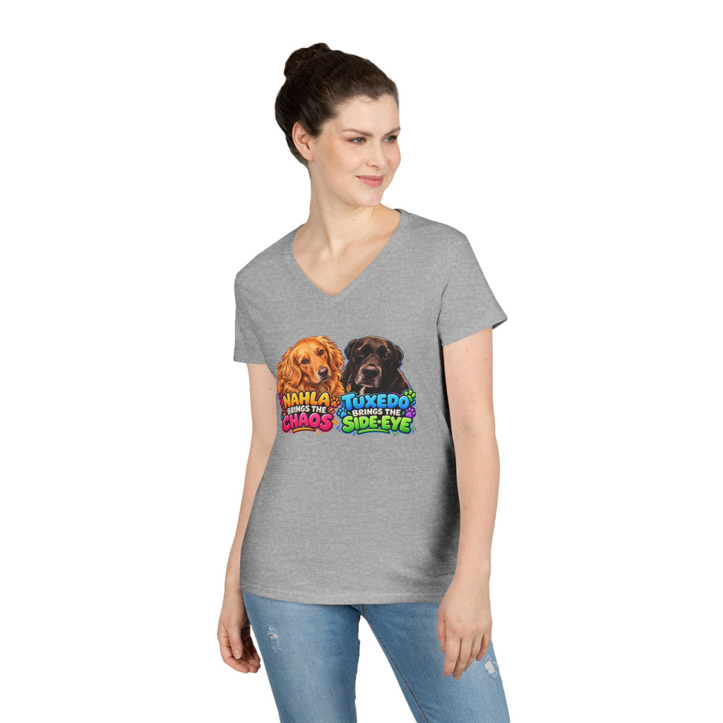 Nahla & Tuxedo Dog Mom Chaos Side-Eye V-Neck T-Shirt