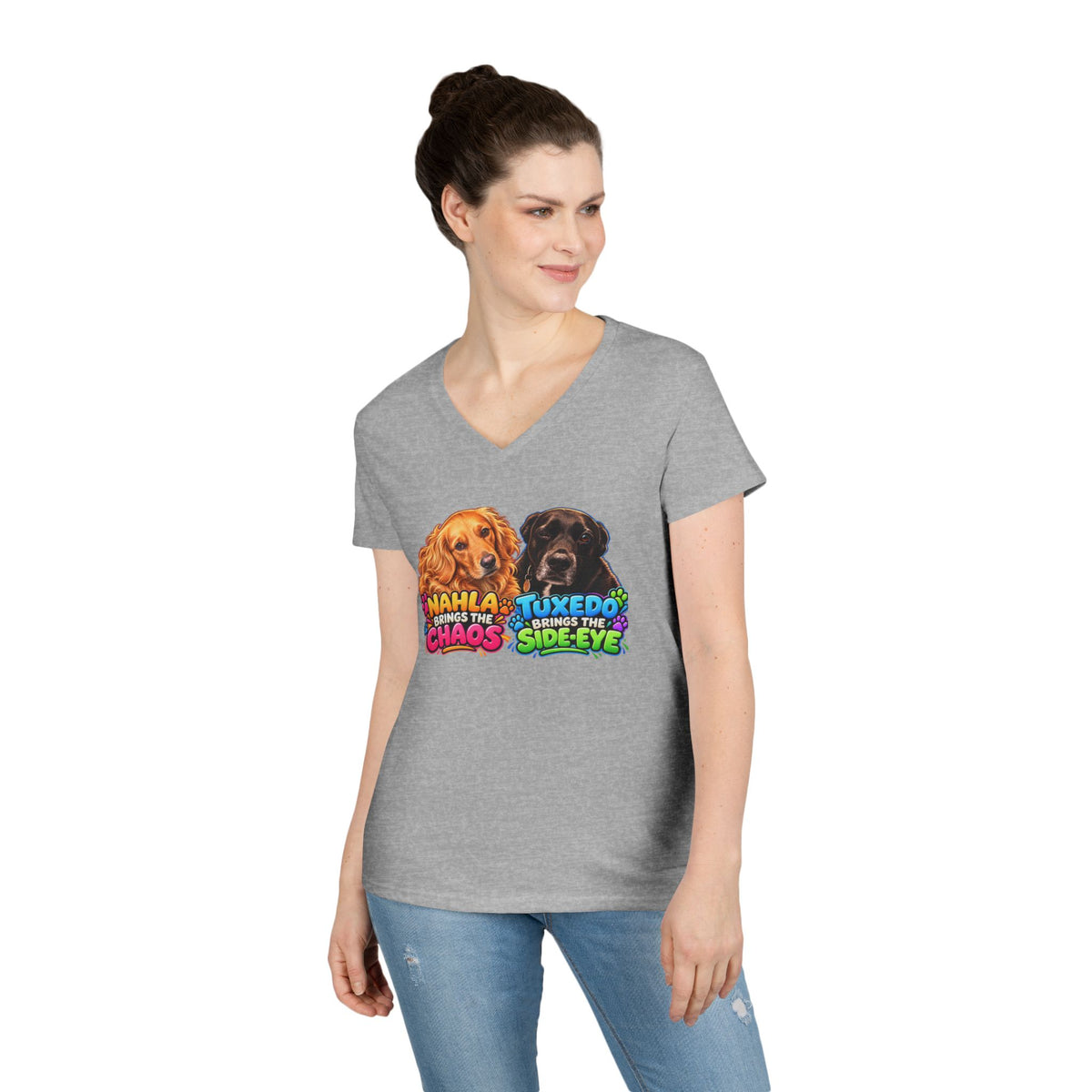 Nahla & Tuxedo Dog Mom Chaos Side-Eye V-Neck T-Shirt