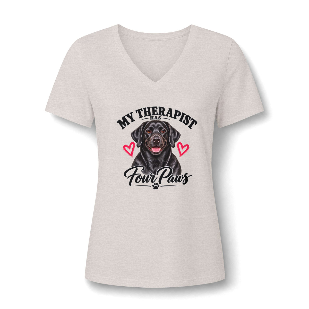 T-Shirt — "My Therapist Has Four Paws" Black Lab Dog V-Neck Tee