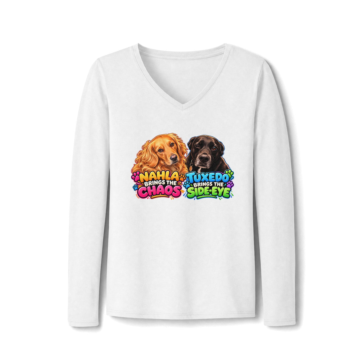 Women's Long Sleeve Dog Lover V-Neck Tee – Marky Chaos & Tuxedo Side Eye Design