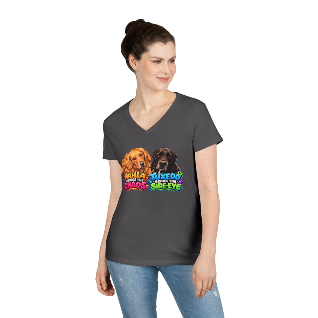 Nahla & Tuxedo Dog Mom Chaos Side-Eye V-Neck T-Shirt