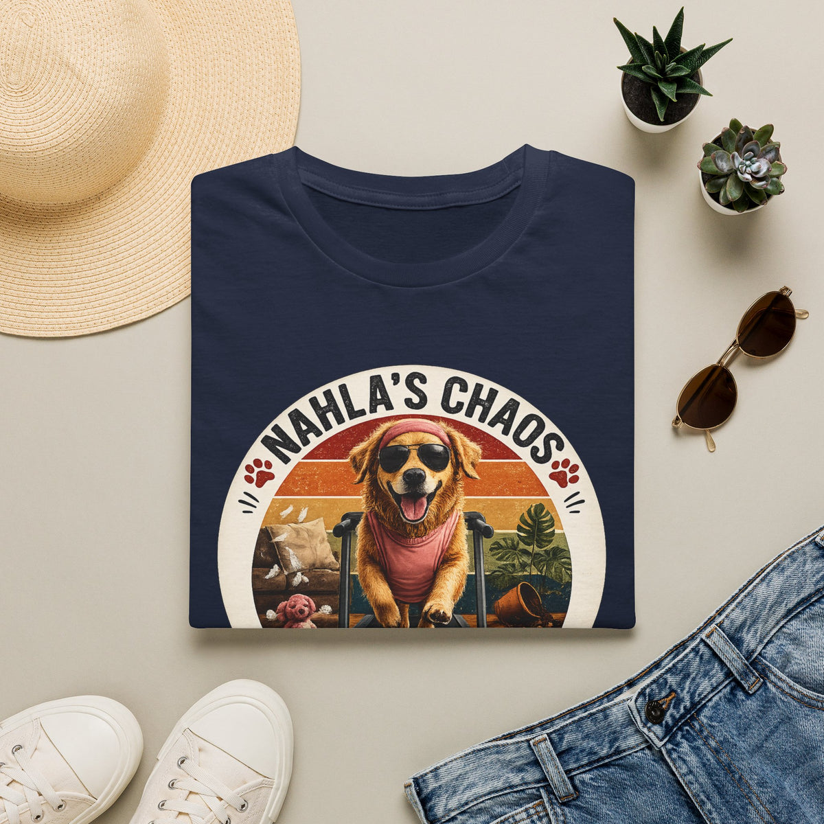 Nahla's Chaos Dog Design T-Shirt | Retro Sunset Paw Print