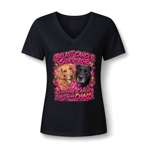 Breast Cancer Survivor Dogs V-Neck Tee | Pink Ribbon, Golden & Black Labrador