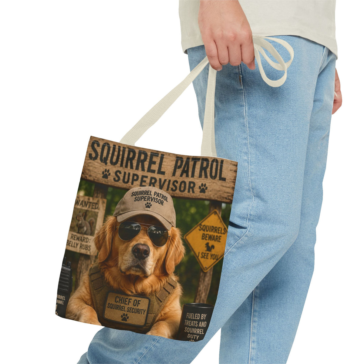 Squirrel Patrol Supervisor Dog Tote Bag | Funny Golden Retriever Patrol Design