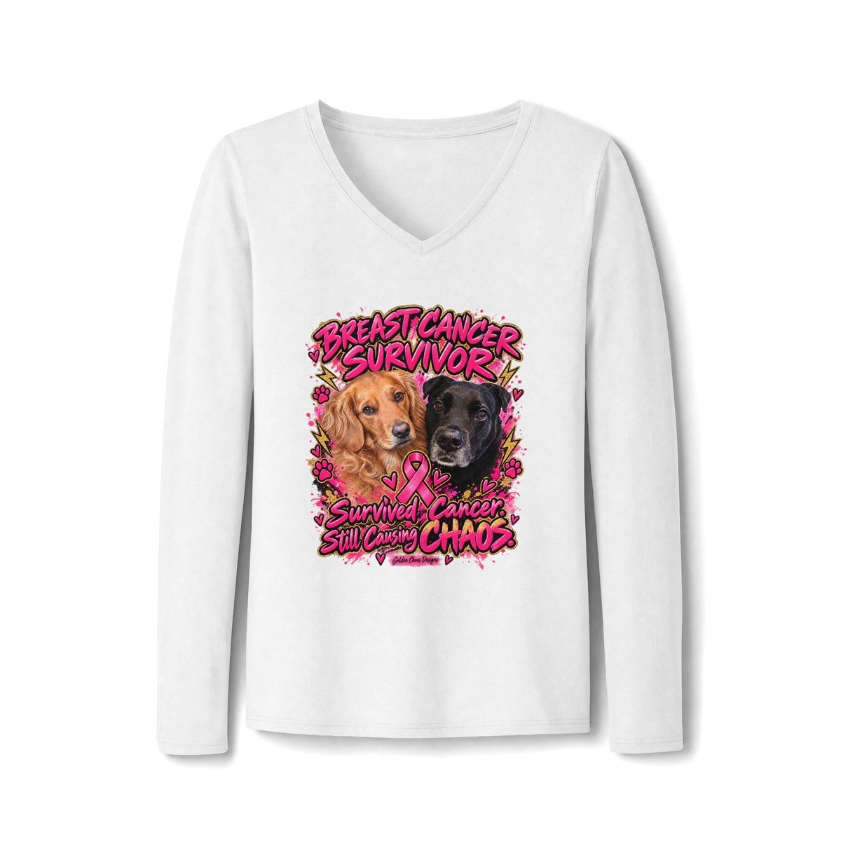 Breast Cancer Survivor Dogs V-Neck Tee | Long Sleeve Pink Ribbon Awareness