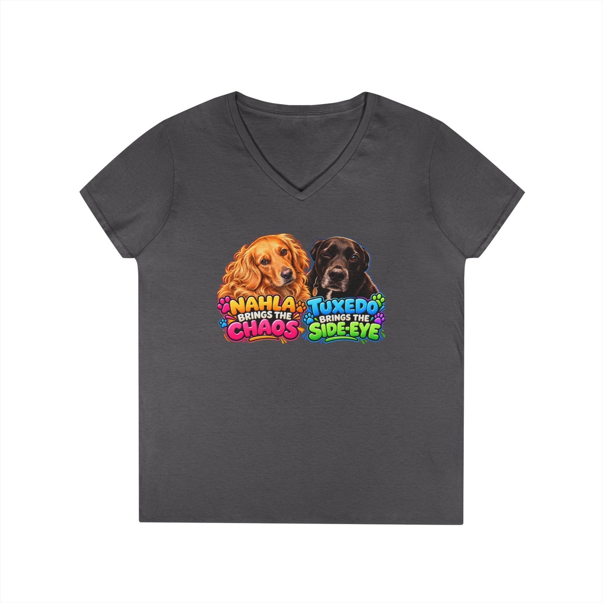 Nahla & Tuxedo Dog Mom Chaos Side-Eye V-Neck T-Shirt