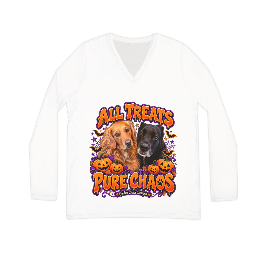 All Treats Pure Chaos Dogs Long Sleeve V-neck Shirt | Halloween Pumpkin Design
