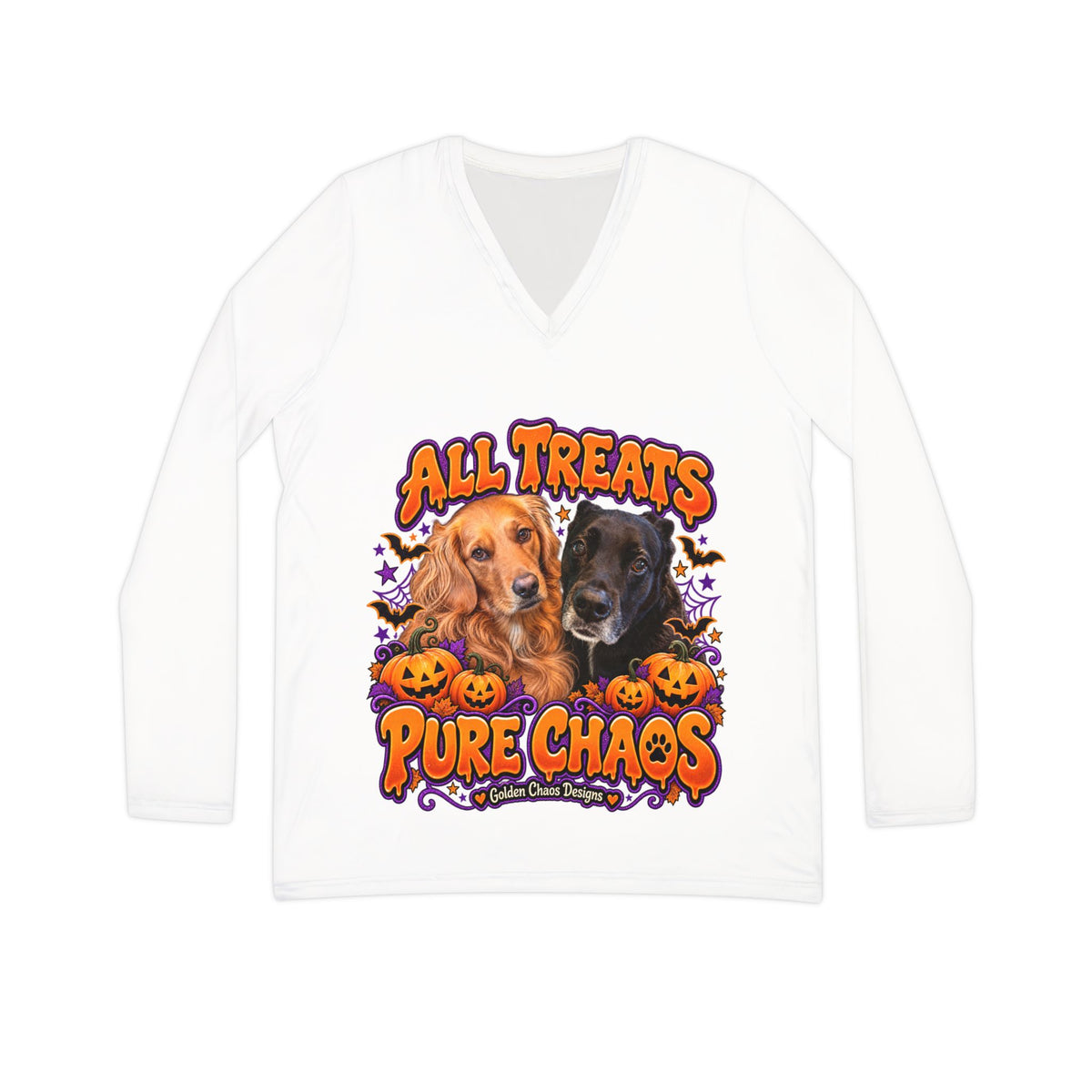 All Treats Pure Chaos Dogs Long Sleeve V-neck Shirt | Halloween Pumpkin Design