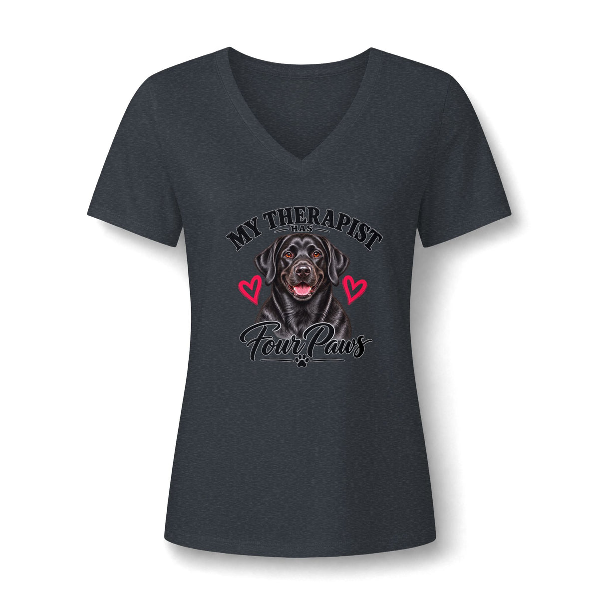 T-Shirt — "My Therapist Has Four Paws" Black Lab Dog V-Neck Tee