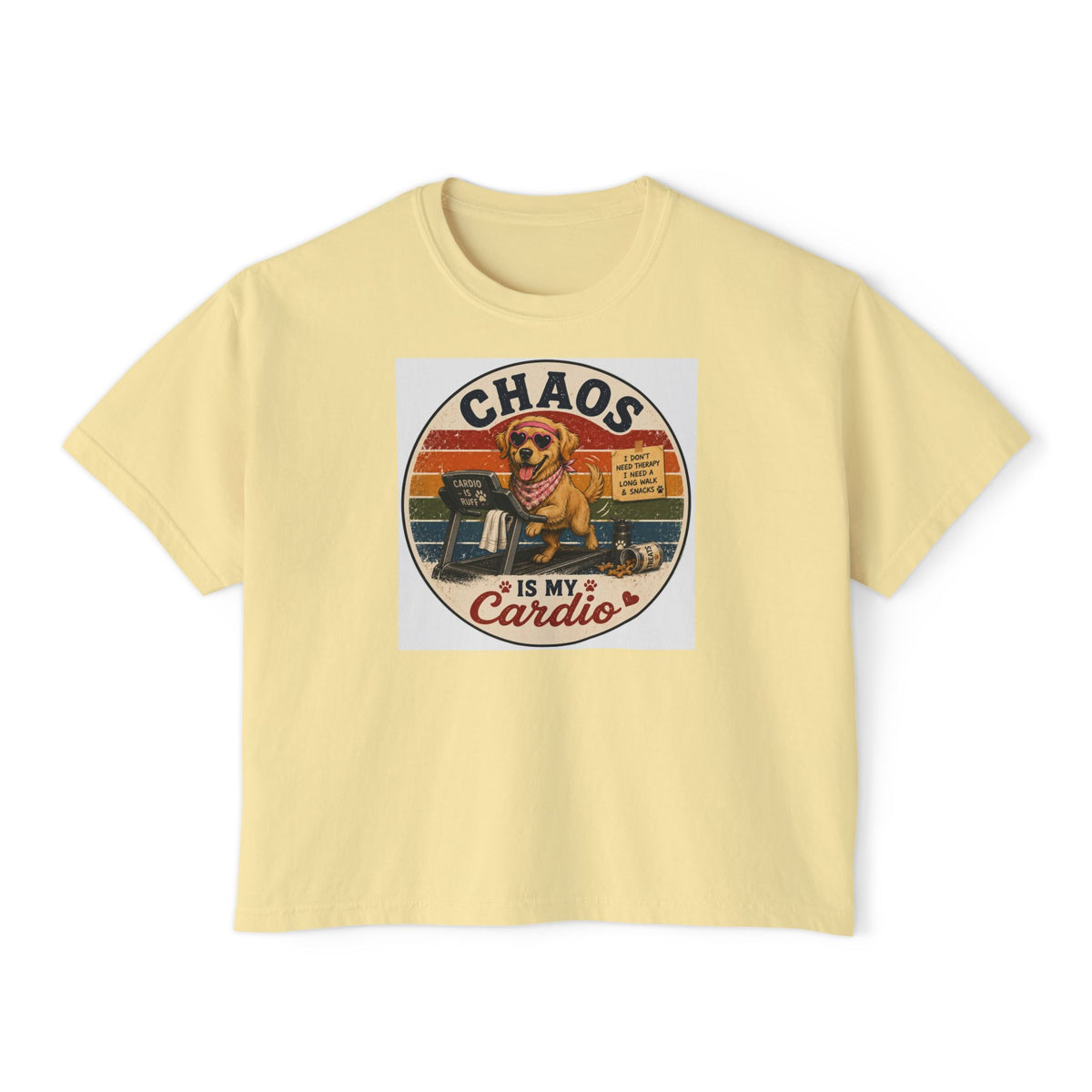 Chaos Is My Cardio Women’s Boxy Tee — Vintage Dog Chaos Workout Graphic Shirt