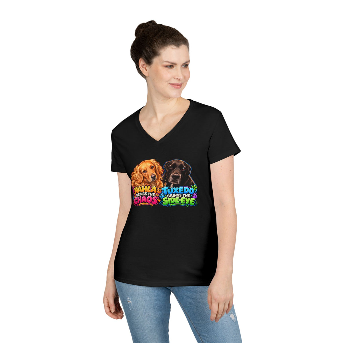 Nahla & Tuxedo Dog Mom Chaos Side-Eye V-Neck T-Shirt