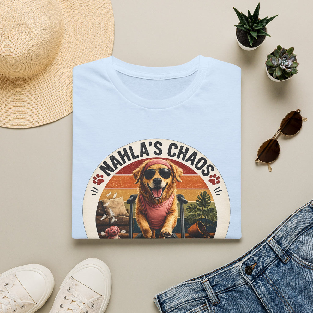 Nahla's Chaos Dog Design T-Shirt | Retro Sunset Paw Print