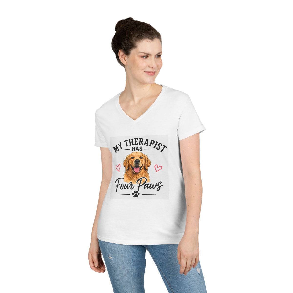 My Therapist Has Four Paws V-Neck Tee — Dog Lover Women’s Shirt
