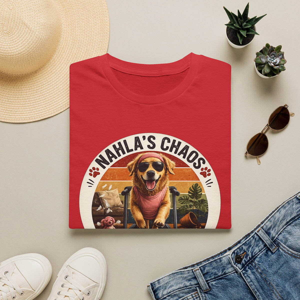 Nahla's Chaos Dog Design T-Shirt | Retro Sunset Paw Print