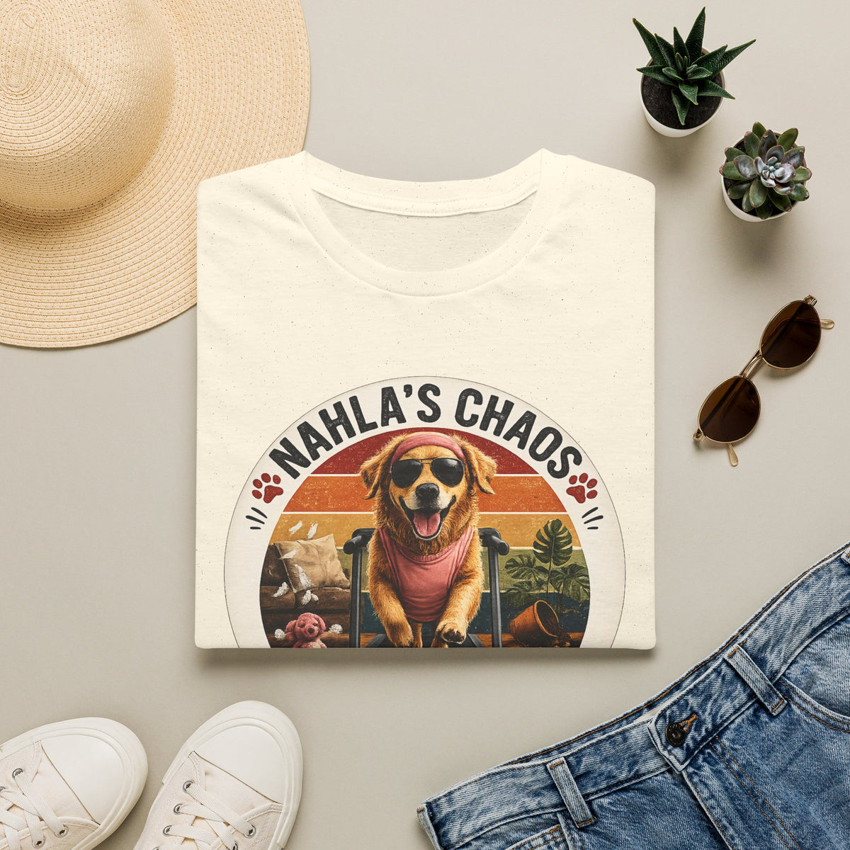 Nahla's Chaos Dog Design T-Shirt | Retro Sunset Paw Print