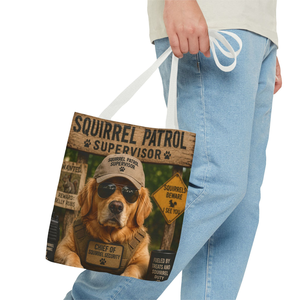 Squirrel Patrol Supervisor Dog Tote Bag | Funny Golden Retriever Patrol Design