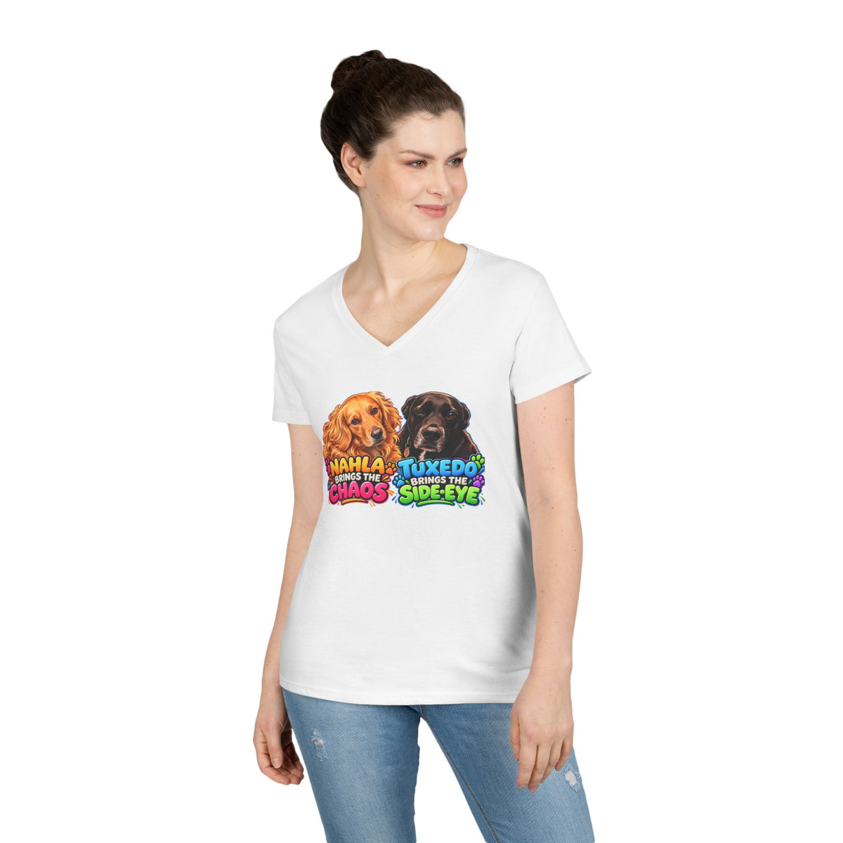 Nahla & Tuxedo Dog Mom Chaos Side-Eye V-Neck T-Shirt