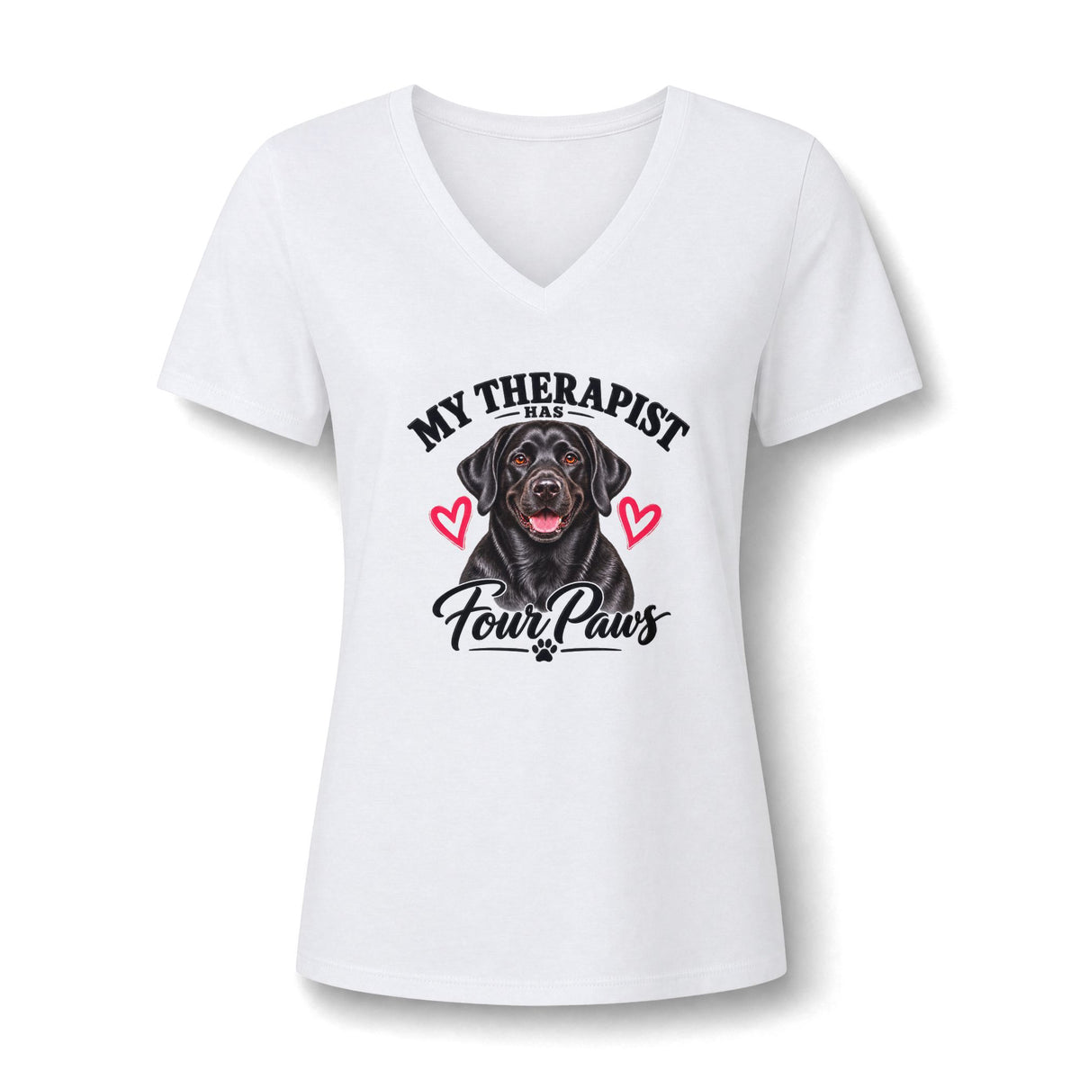 T-Shirt — "My Therapist Has Four Paws" Black Lab Dog V-Neck Tee