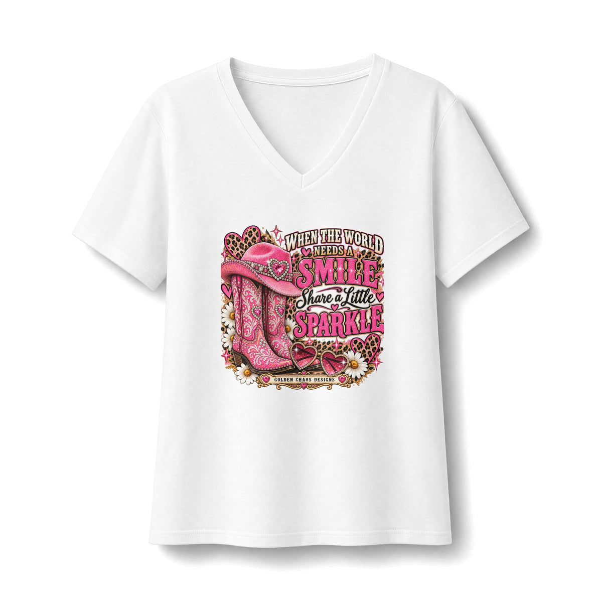 Women's V-Neck Tee - Sparkle Cowgirl Boots "When the World Says Smile Share a Little Sparkle"