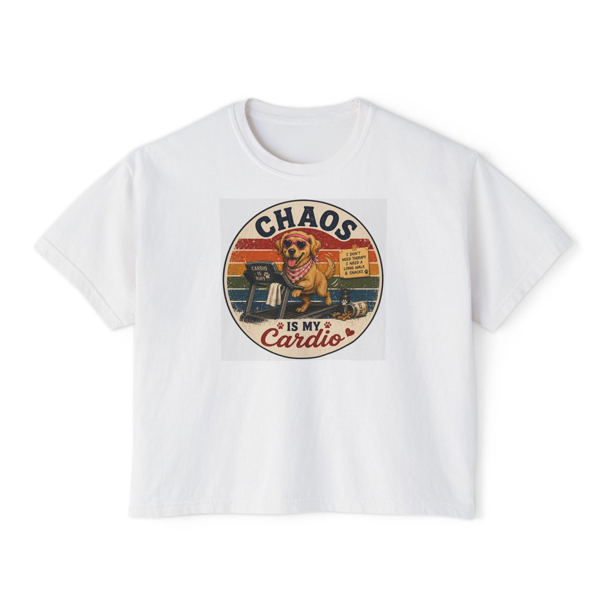 Chaos Is My Cardio Women’s Boxy Tee — Vintage Dog Chaos Workout Graphic Shirt