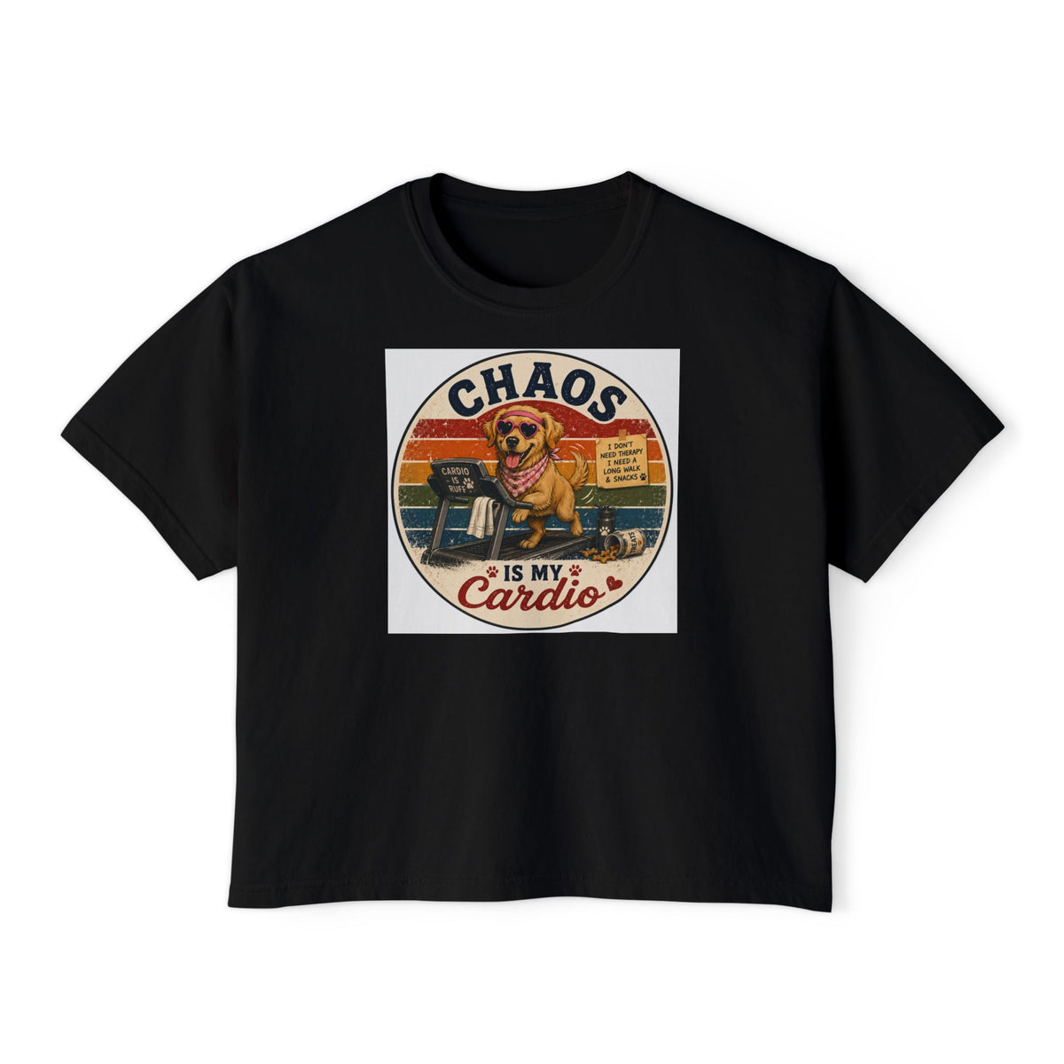 Chaos Is My Cardio Women’s Boxy Tee — Vintage Dog Chaos Workout Graphic Shirt