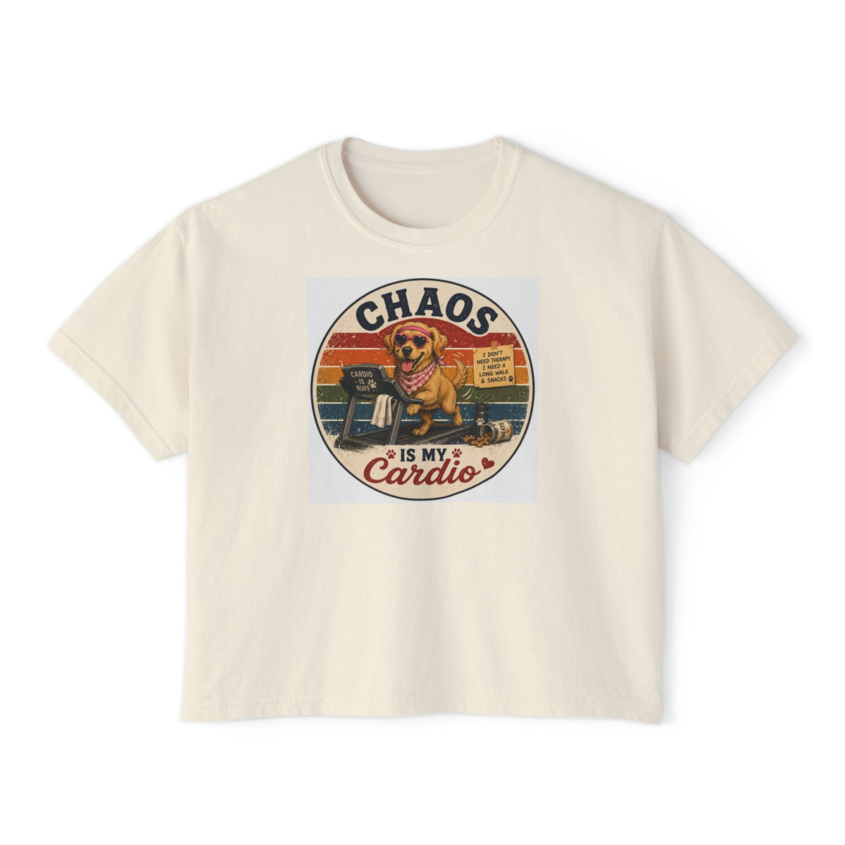Chaos Is My Cardio Women’s Boxy Tee — Vintage Dog Chaos Workout Graphic Shirt