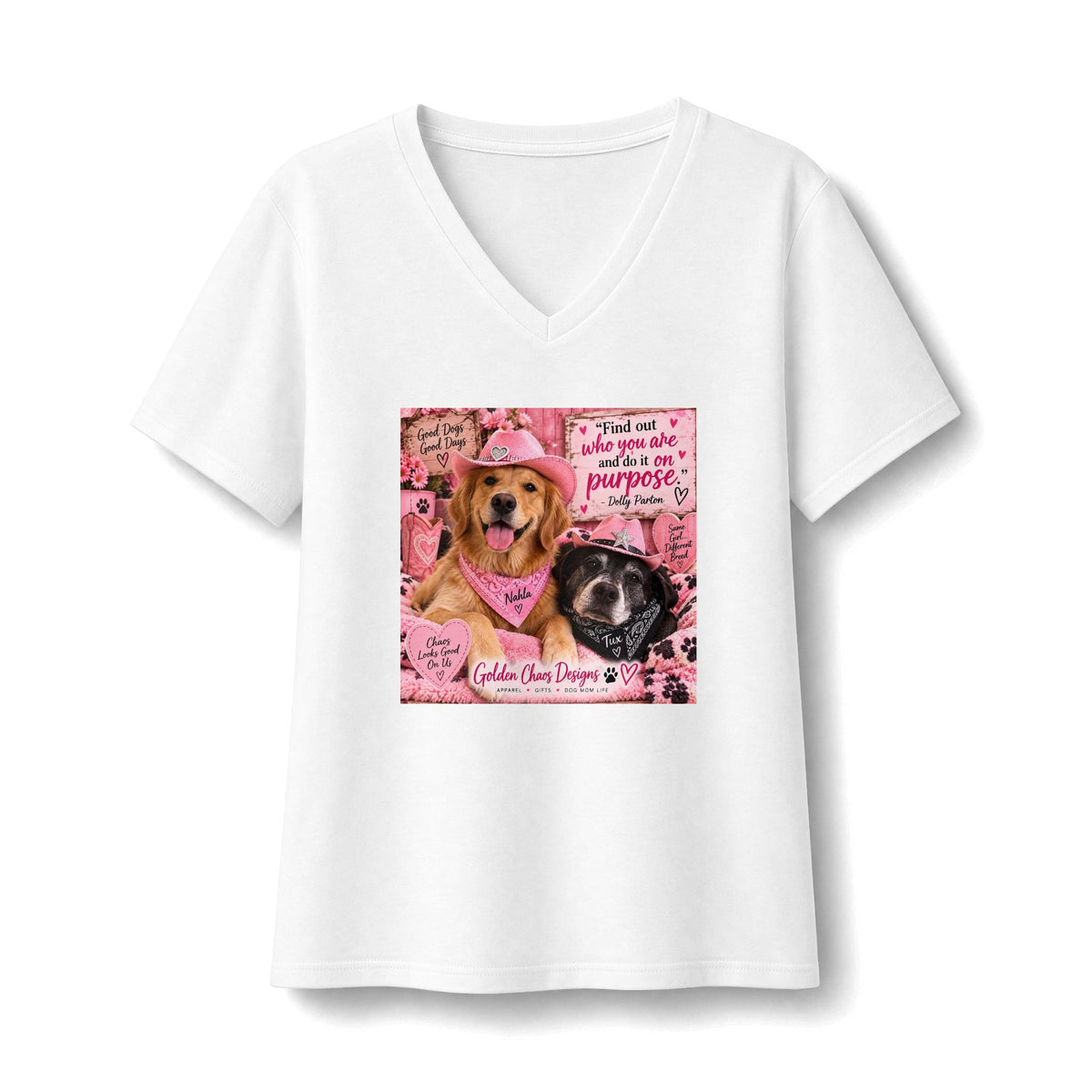 Dog Mom V-Neck Tee — Pink Rescue Dogs "You were born to be a purpose" Graphic