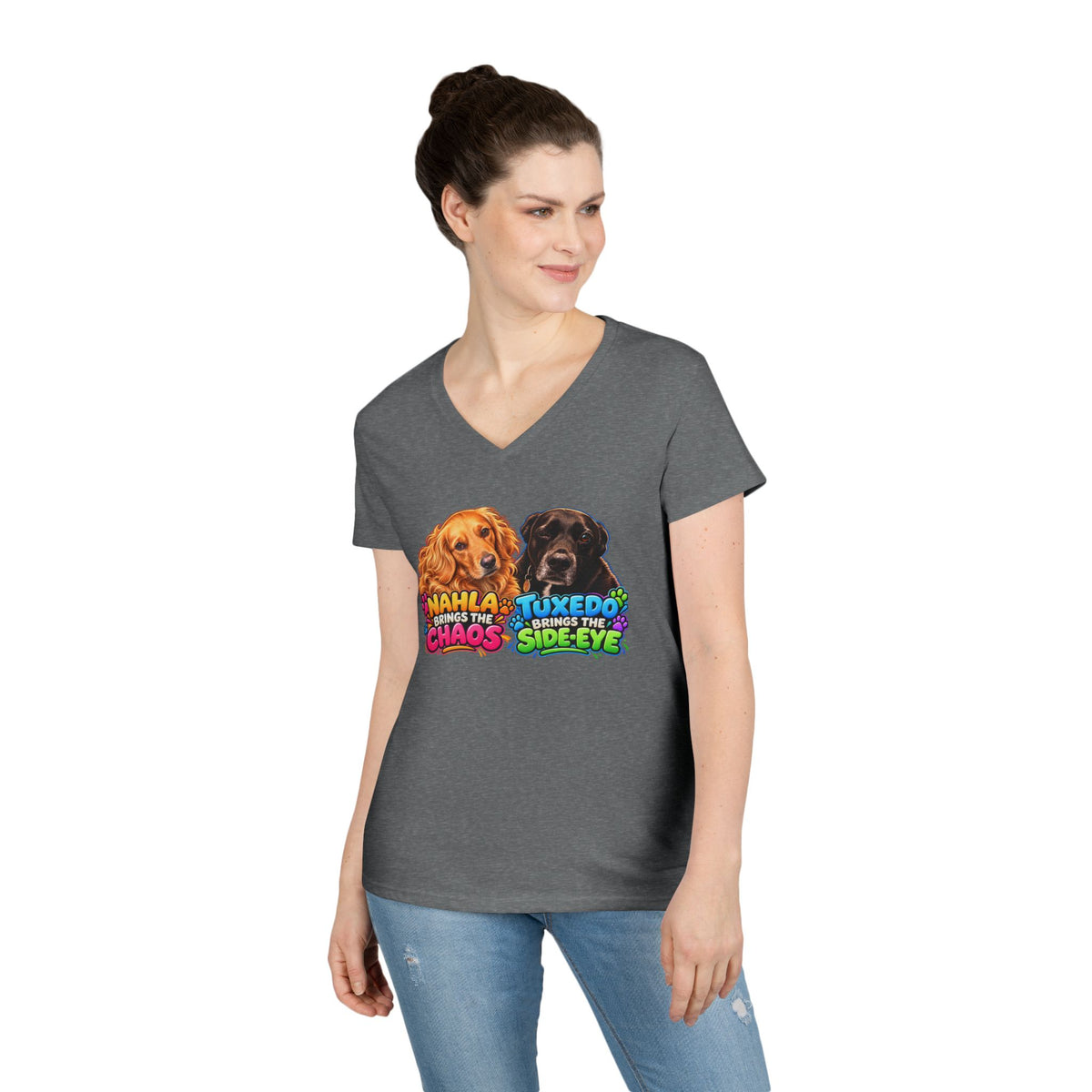 Nahla & Tuxedo Dog Mom Chaos Side-Eye V-Neck T-Shirt