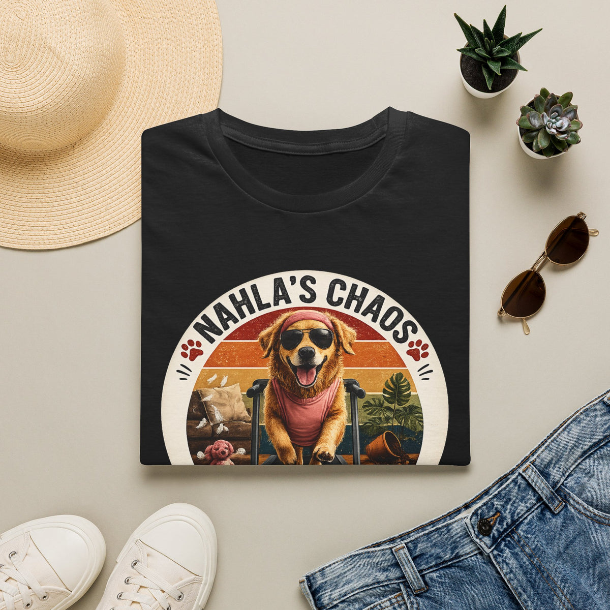 Nahla's Chaos Dog Design T-Shirt | Retro Sunset Paw Print