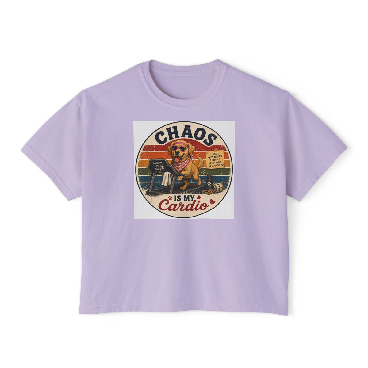 Chaos Is My Cardio Women’s Boxy Tee — Vintage Dog Chaos Workout Graphic Shirt