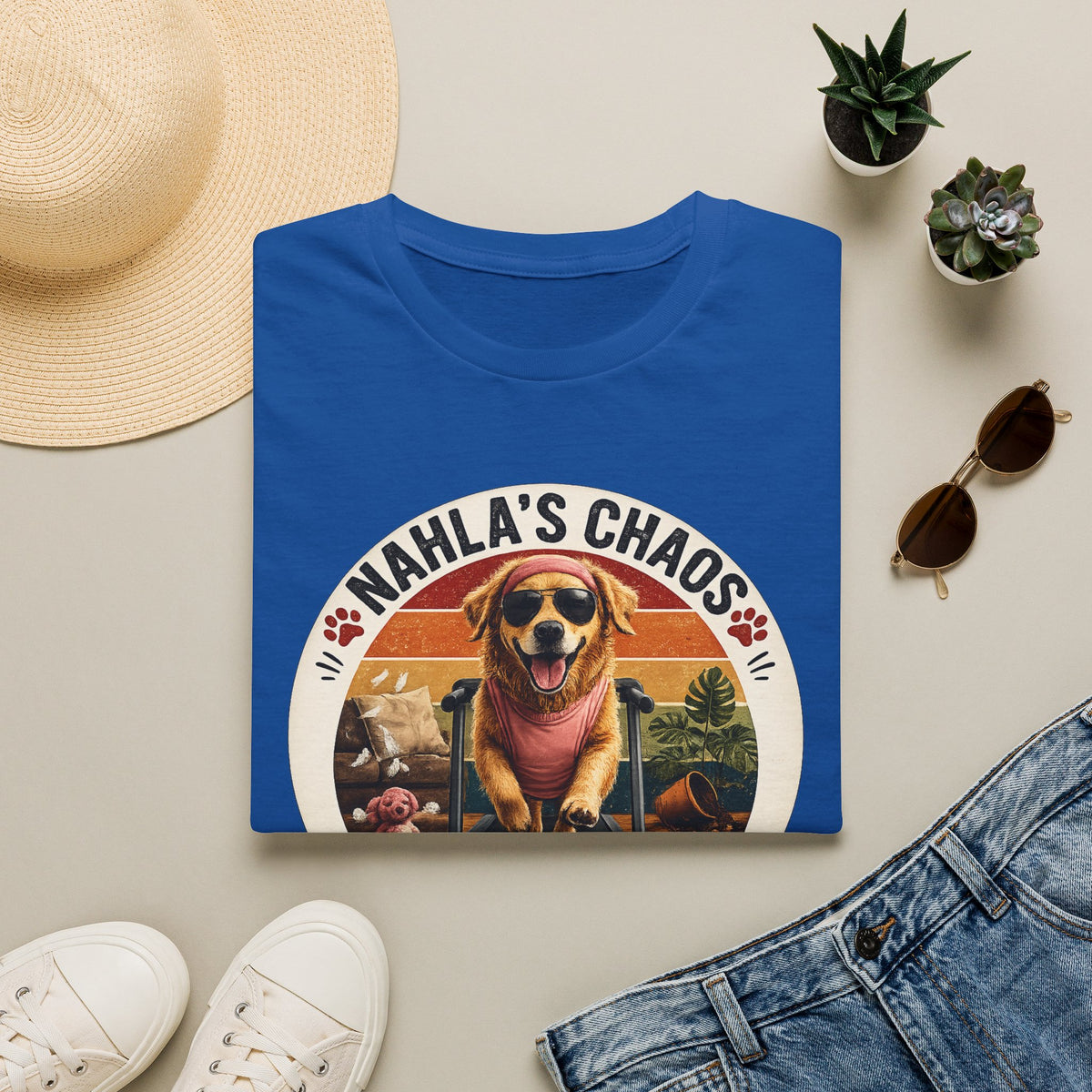 Nahla's Chaos Dog Design T-Shirt | Retro Sunset Paw Print